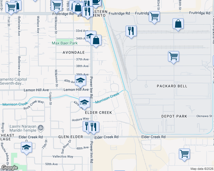 map of restaurants, bars, coffee shops, grocery stores, and more near 8180 Industrial Parkway in Sacramento