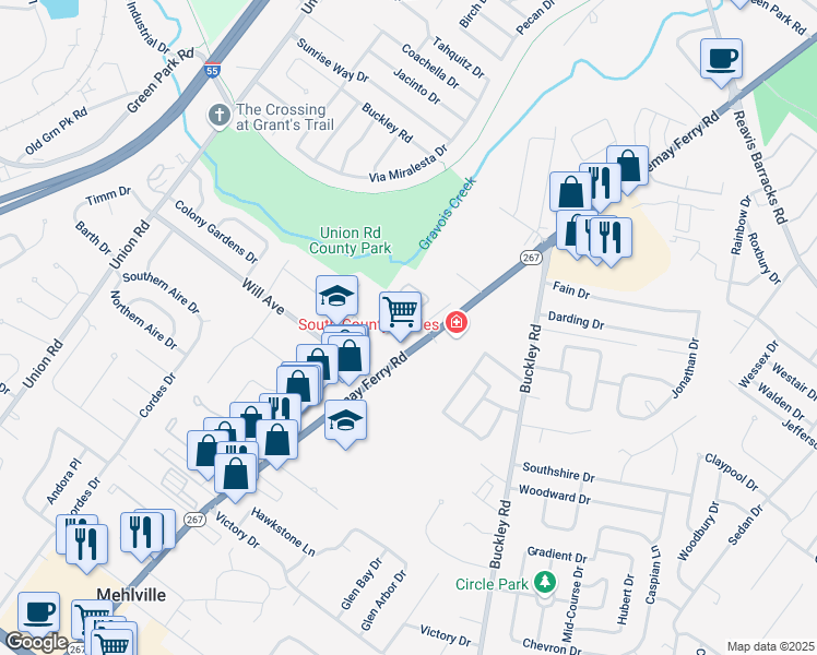 map of restaurants, bars, coffee shops, grocery stores, and more near 2929 Hallmark Lane in St. Louis