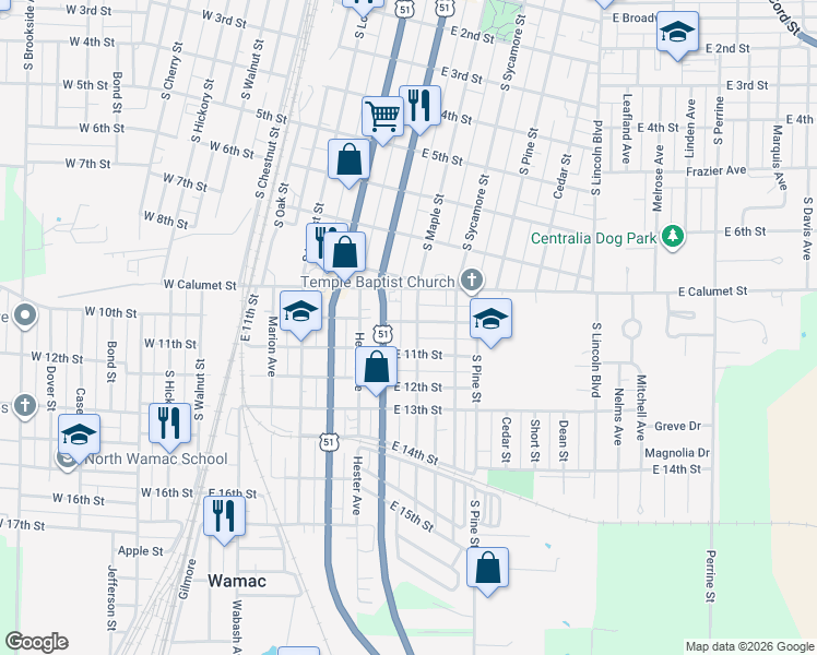 map of restaurants, bars, coffee shops, grocery stores, and more near 650-698 East 10th Street in Centralia