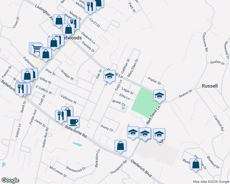 map of restaurants, bars, coffee shops, grocery stores, and more near 2098 Espy Ln in Flatwoods