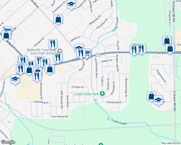 map of restaurants, bars, coffee shops, grocery stores, and more near 205 Lincolnshire Boulevard in Belleville