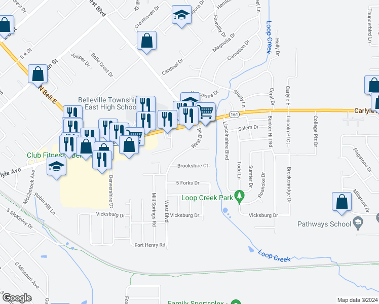 map of restaurants, bars, coffee shops, grocery stores, and more near 2700 West Boulevard in Belleville