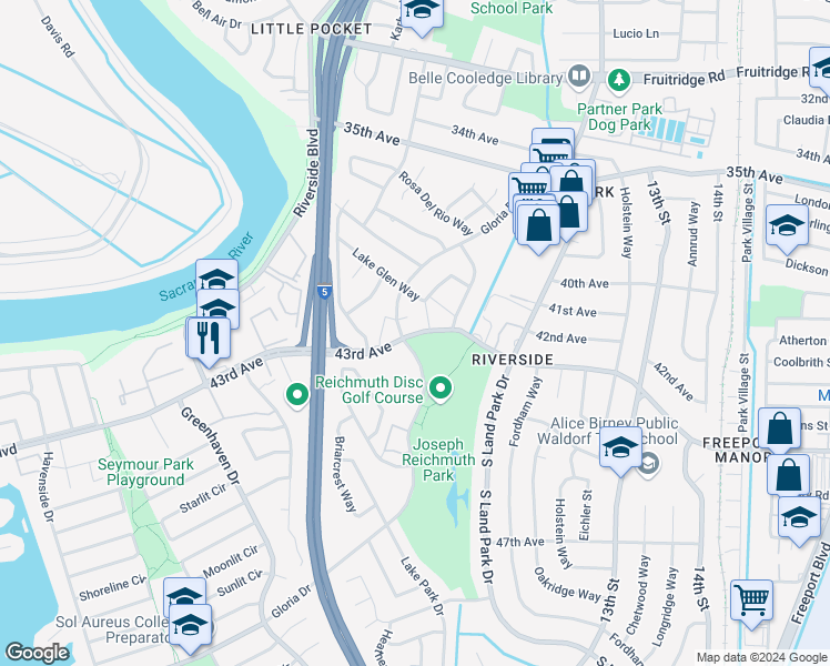 map of restaurants, bars, coffee shops, grocery stores, and more near 1111 43rd Avenue in Sacramento