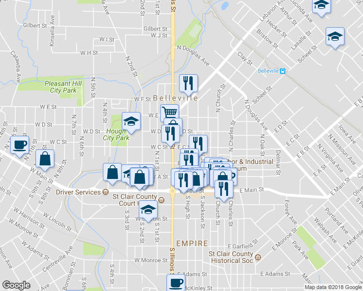 map of restaurants, bars, coffee shops, grocery stores, and more near 15 East C Street in Belleville