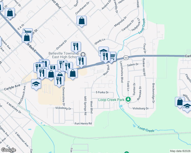 map of restaurants, bars, coffee shops, grocery stores, and more near 2901 West Boulevard in Belleville