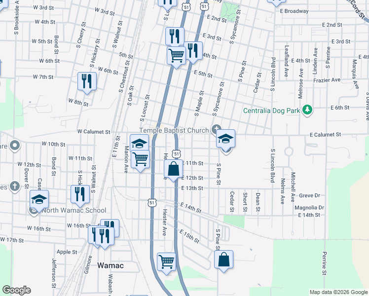 map of restaurants, bars, coffee shops, grocery stores, and more near 650 East 10th Street in Centralia