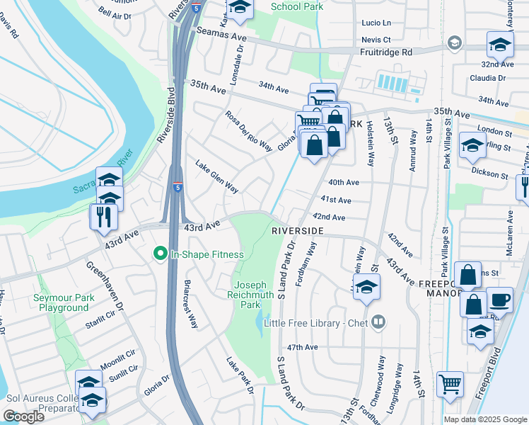 map of restaurants, bars, coffee shops, grocery stores, and more near 1141 43rd Avenue in Sacramento
