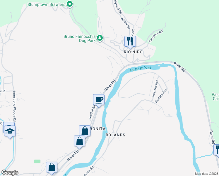 map of restaurants, bars, coffee shops, grocery stores, and more near 14788 River Road in Guerneville