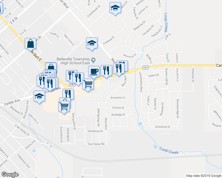 map of restaurants, bars, coffee shops, grocery stores, and more near 13 Lawndale Drive in Belleville