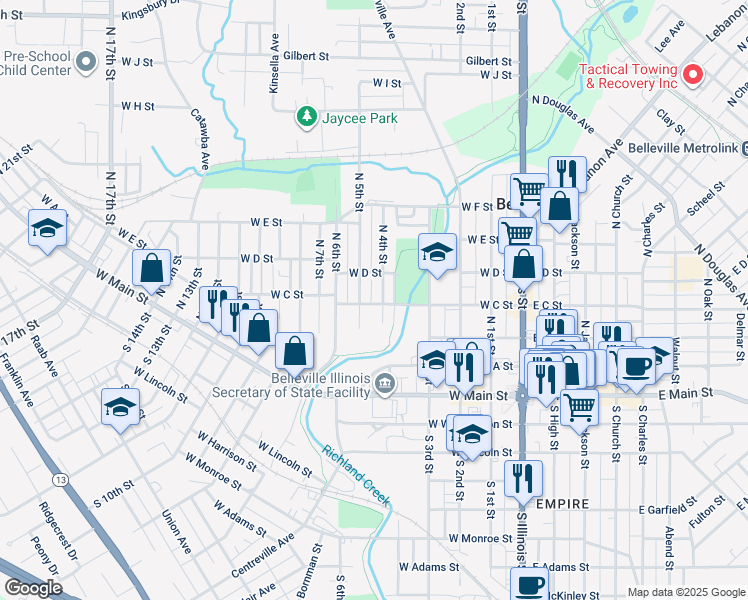 map of restaurants, bars, coffee shops, grocery stores, and more near 308 North 5th Street in Belleville