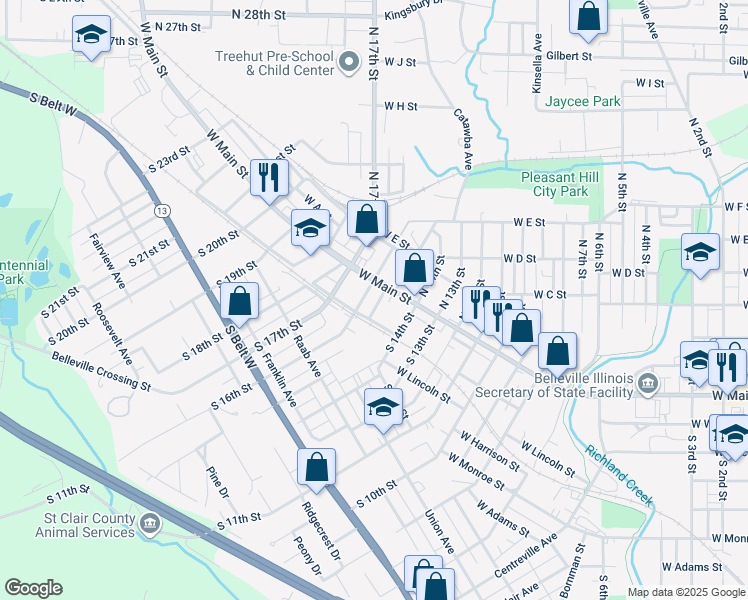 map of restaurants, bars, coffee shops, grocery stores, and more near 9 South 15th Street in Belleville