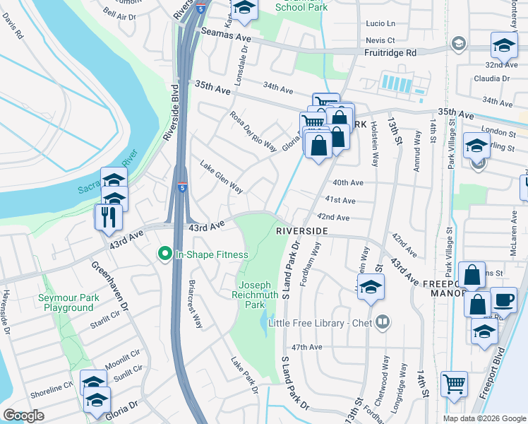 map of restaurants, bars, coffee shops, grocery stores, and more near 43rd Avenue & Lake Crest Way in Sacramento