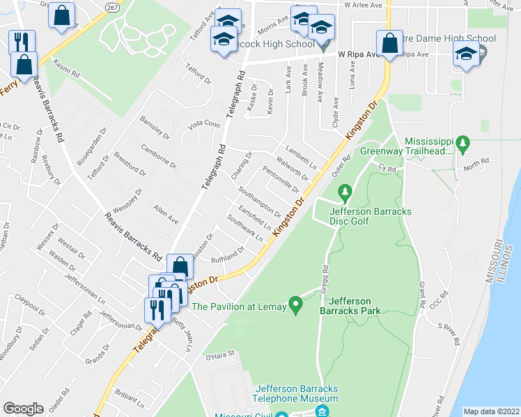 map of restaurants, bars, coffee shops, grocery stores, and more near 300 Southampton Drive in St. Louis