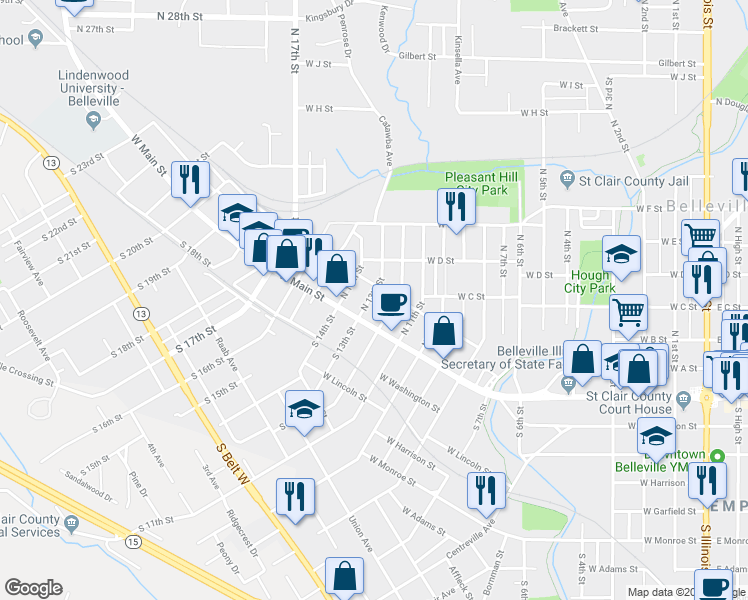 map of restaurants, bars, coffee shops, grocery stores, and more near 20 North 13th Street in Belleville