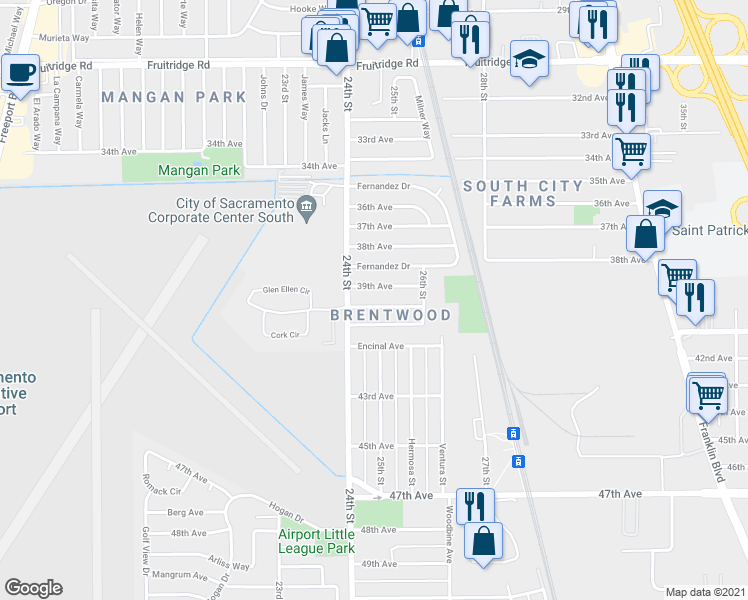 map of restaurants, bars, coffee shops, grocery stores, and more near 2417 Edna Street in Sacramento
