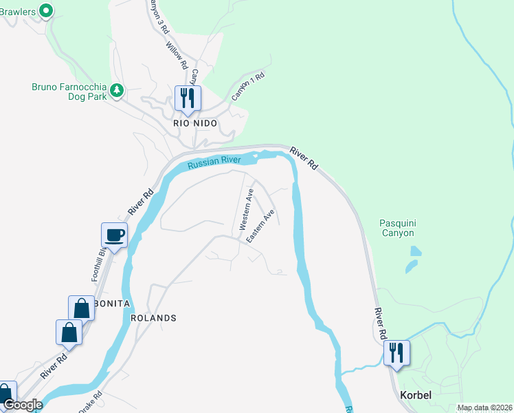 map of restaurants, bars, coffee shops, grocery stores, and more near 14700 Orchard Lane in Guerneville
