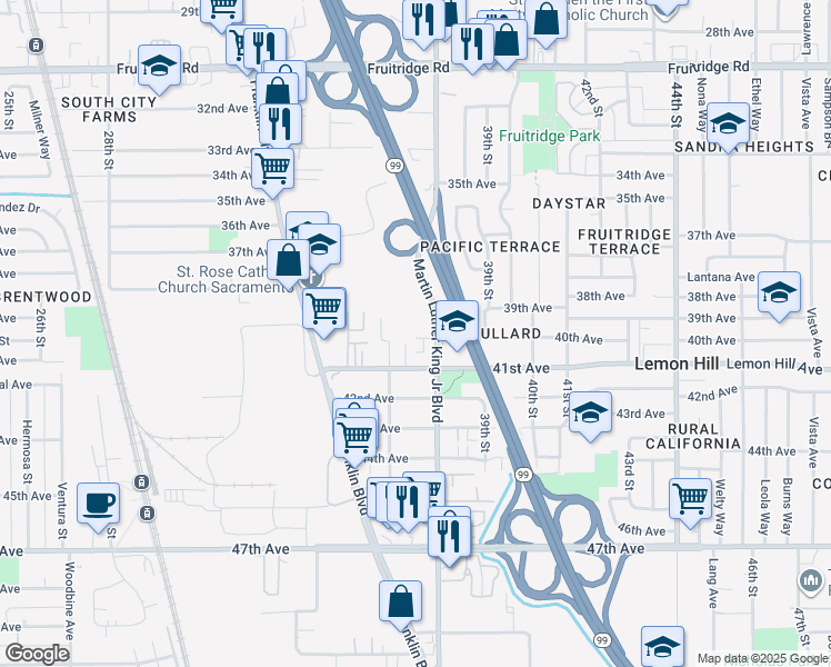 map of restaurants, bars, coffee shops, grocery stores, and more near 3801 40th Avenue in Sacramento