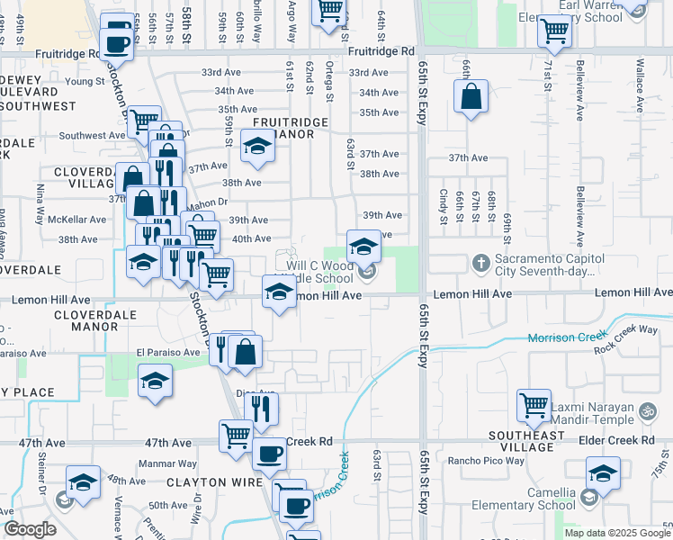 map of restaurants, bars, coffee shops, grocery stores, and more near 6201 Lemon Hill Avenue in Sacramento