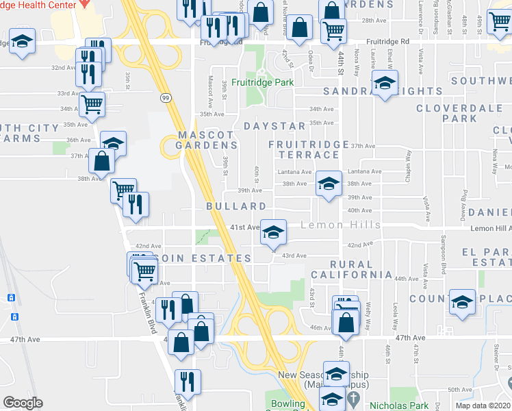 map of restaurants, bars, coffee shops, grocery stores, and more near 3943 40th Avenue in Sacramento