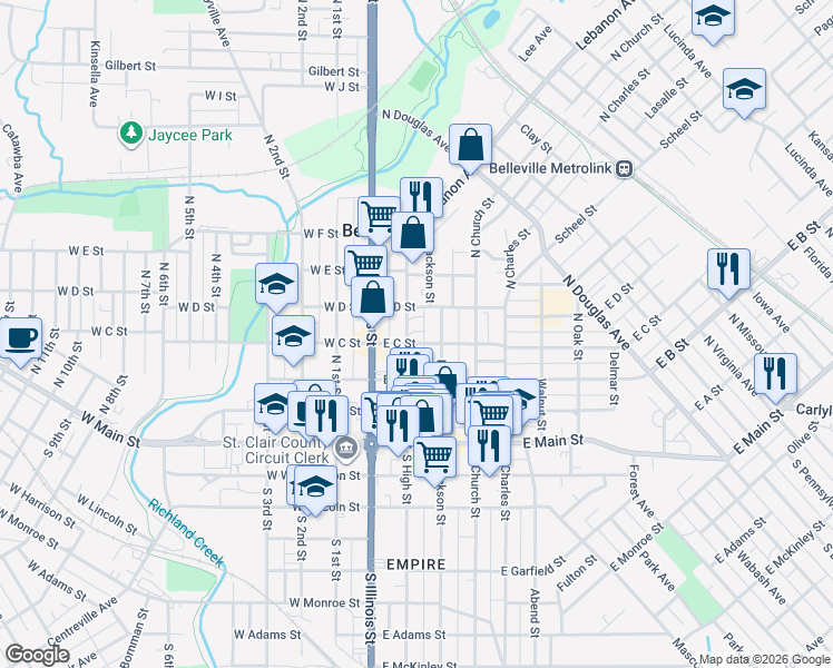 map of restaurants, bars, coffee shops, grocery stores, and more near 309 North Jackson Street in Belleville