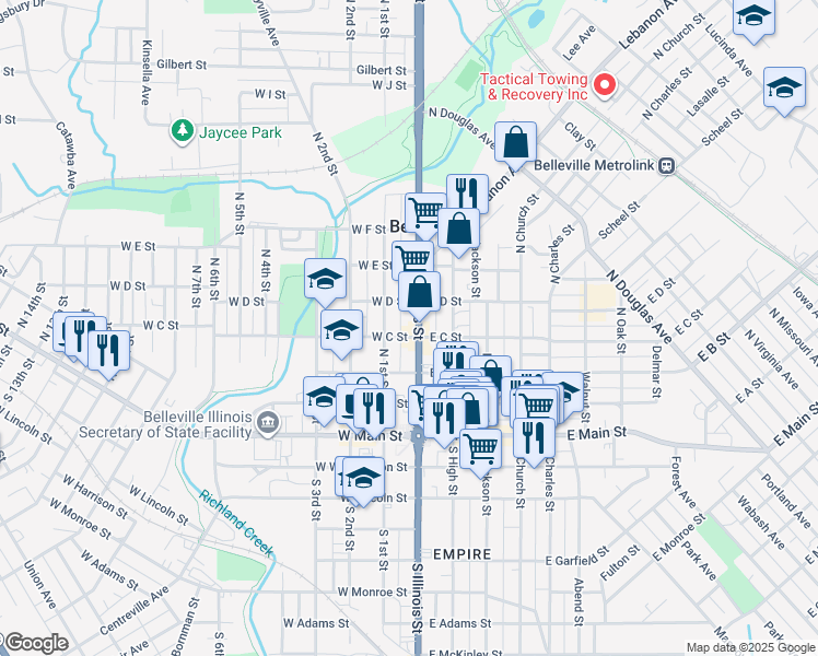 map of restaurants, bars, coffee shops, grocery stores, and more near 309 Kretschmer Avenue in Belleville