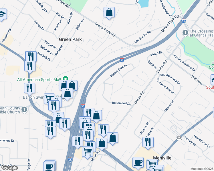 map of restaurants, bars, coffee shops, grocery stores, and more near 20 Lone Elm Drive in St. Louis