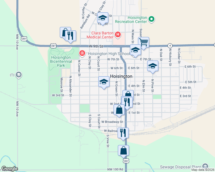 map of restaurants, bars, coffee shops, grocery stores, and more near 300 West 4th Street in Hoisington
