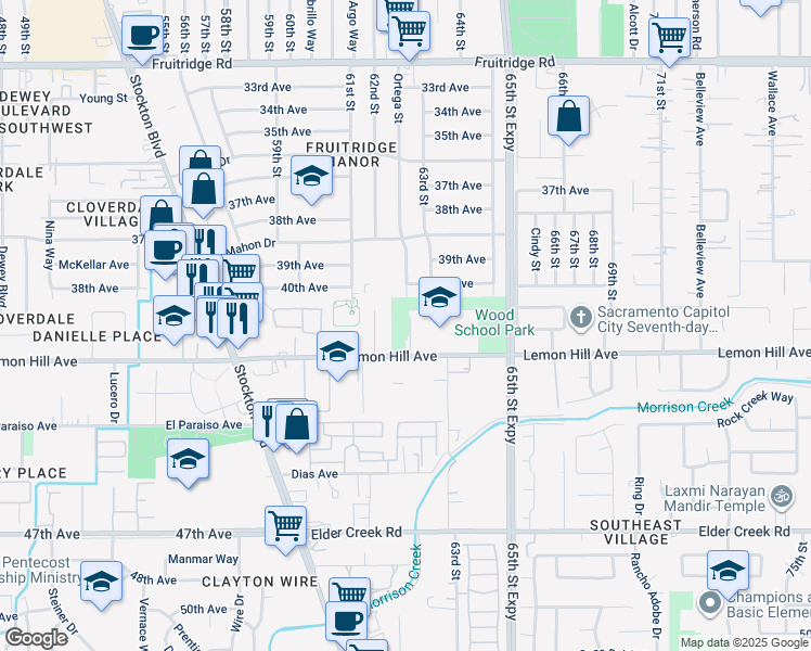 map of restaurants, bars, coffee shops, grocery stores, and more near 6201 Lemon Hill Avenue in Sacramento