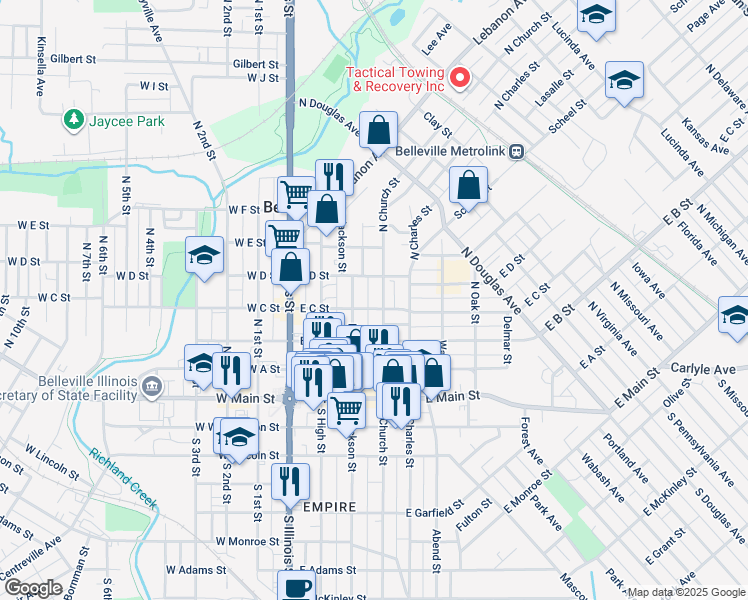 map of restaurants, bars, coffee shops, grocery stores, and more near 301 North Church Street in Belleville