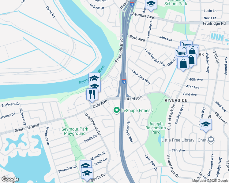 map of restaurants, bars, coffee shops, grocery stores, and more near 941 43rd Avenue in Sacramento