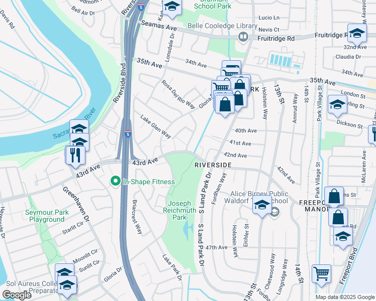map of restaurants, bars, coffee shops, grocery stores, and more near 1141 43rd Avenue in Sacramento