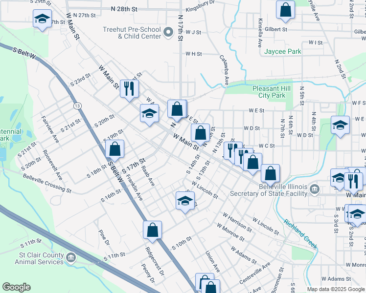 map of restaurants, bars, coffee shops, grocery stores, and more near 9 South 15th Street in Belleville