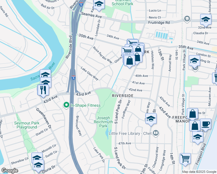 map of restaurants, bars, coffee shops, grocery stores, and more near 1141 43rd Avenue in Sacramento