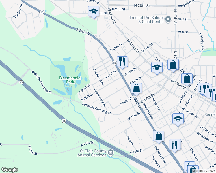 map of restaurants, bars, coffee shops, grocery stores, and more near 526 South 20th Street in Belleville