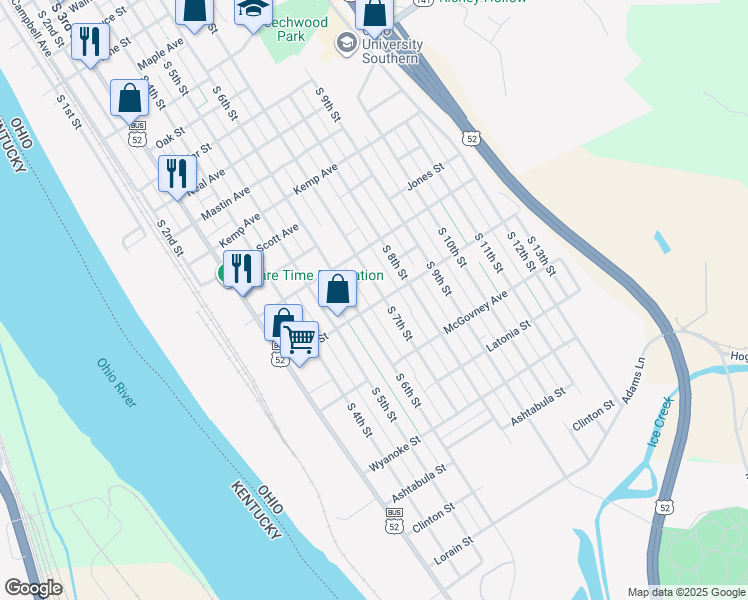 map of restaurants, bars, coffee shops, grocery stores, and more near 2442 South 7th Street in Ironton