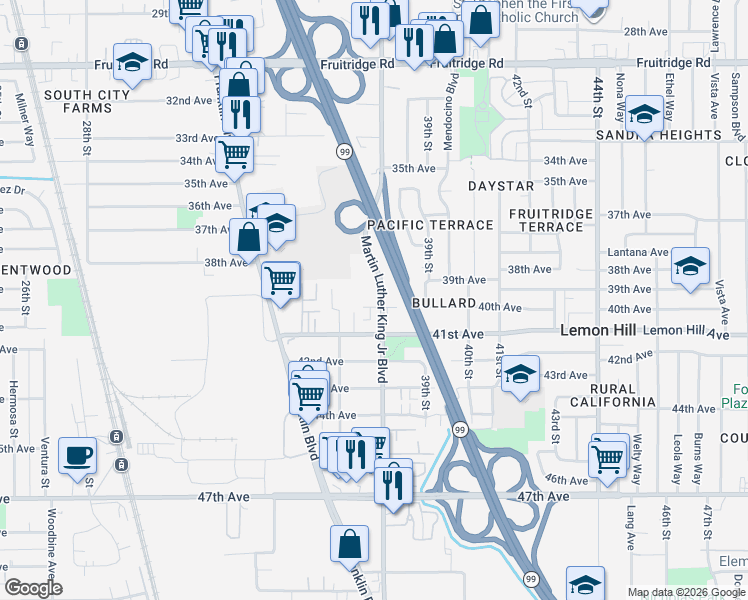map of restaurants, bars, coffee shops, grocery stores, and more near 3801 40th Avenue in Sacramento