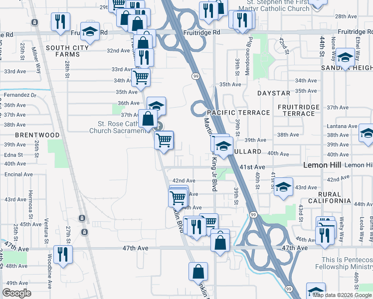 map of restaurants, bars, coffee shops, grocery stores, and more near 6012 37th Street in Sacramento