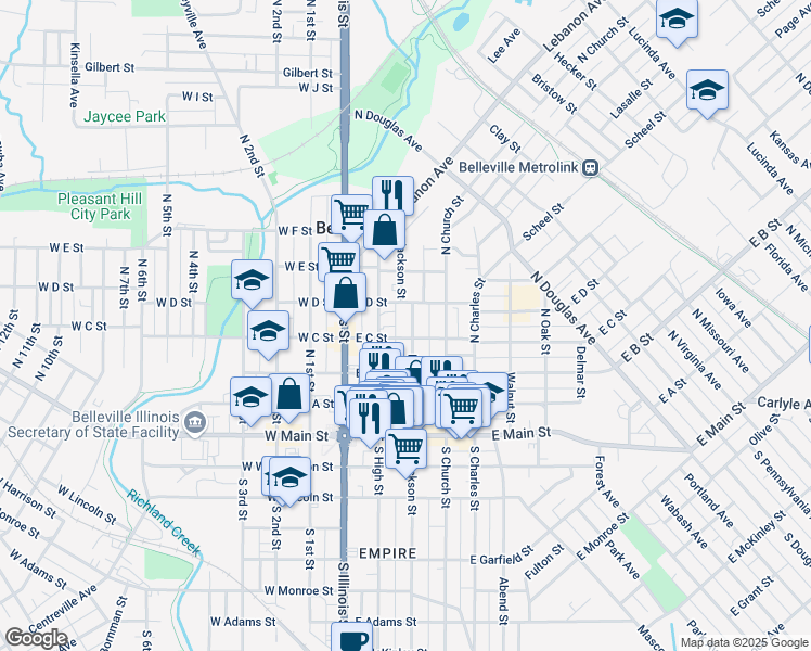 map of restaurants, bars, coffee shops, grocery stores, and more near 309 North Jackson Street in Belleville