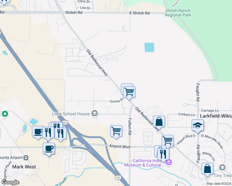 map of restaurants, bars, coffee shops, grocery stores, and more near 5519 Old Redwood Highway in Santa Rosa