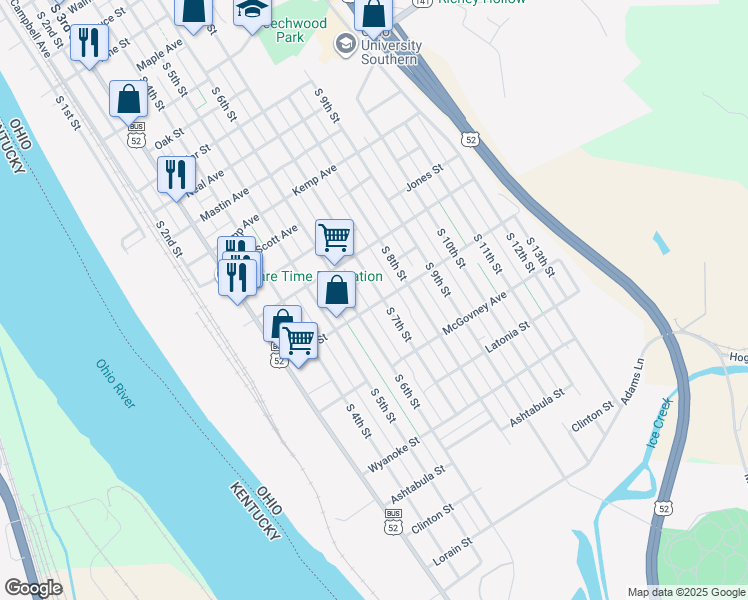 map of restaurants, bars, coffee shops, grocery stores, and more near 2442 South 7th Street in Ironton
