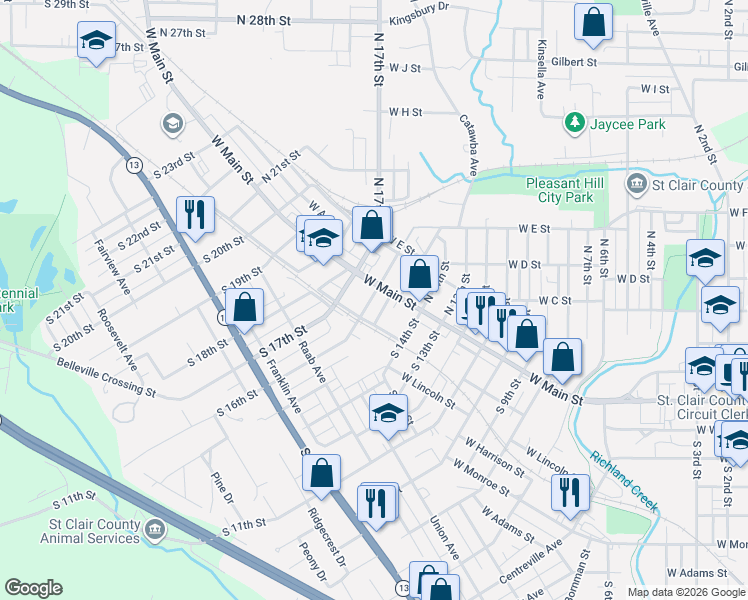 map of restaurants, bars, coffee shops, grocery stores, and more near 9 South 15th Street in Belleville