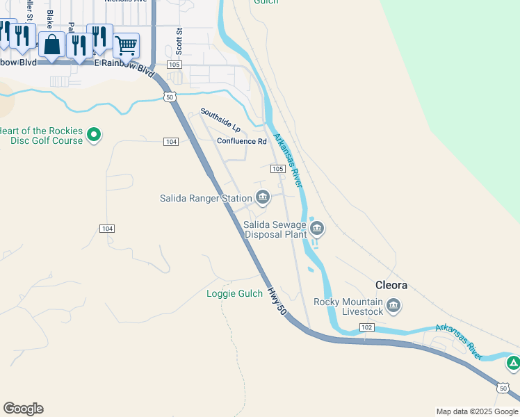 map of restaurants, bars, coffee shops, grocery stores, and more near 5575 Cleora Road in Salida