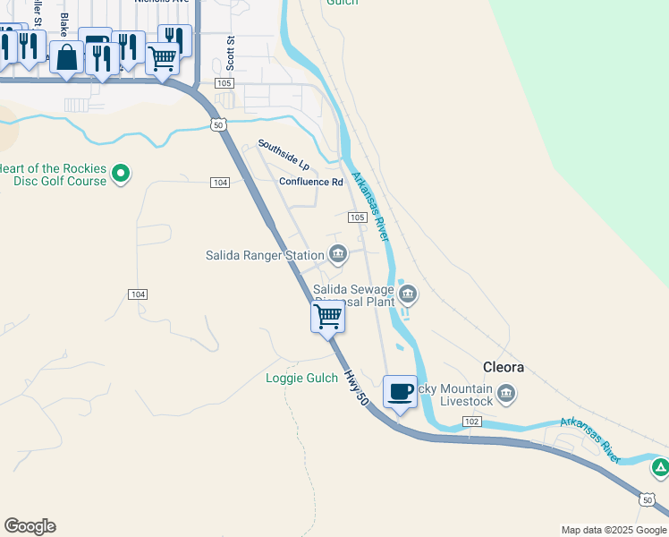 map of restaurants, bars, coffee shops, grocery stores, and more near 5575 Cleora Road in Salida
