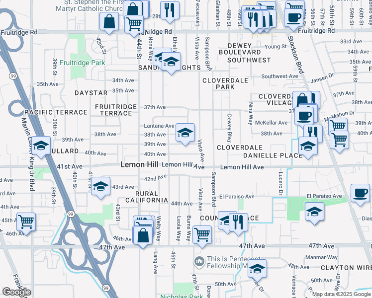 map of restaurants, bars, coffee shops, grocery stores, and more near in Sacramento