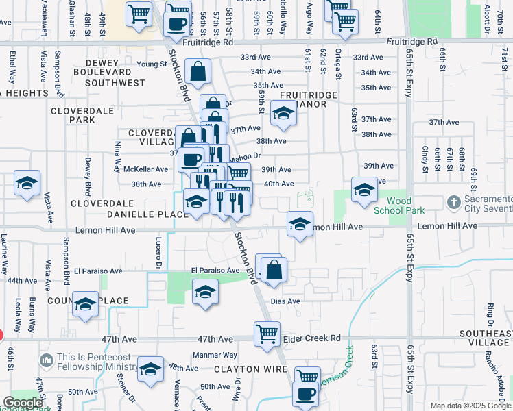 map of restaurants, bars, coffee shops, grocery stores, and more near 5508 Lemon View Way in Sacramento