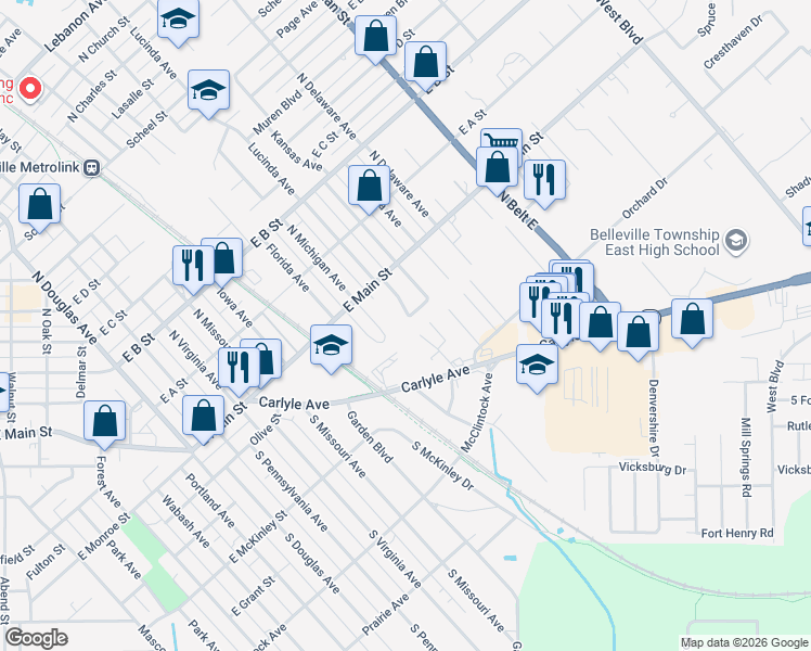 map of restaurants, bars, coffee shops, grocery stores, and more near 21 Beth Ann Drive in Belleville