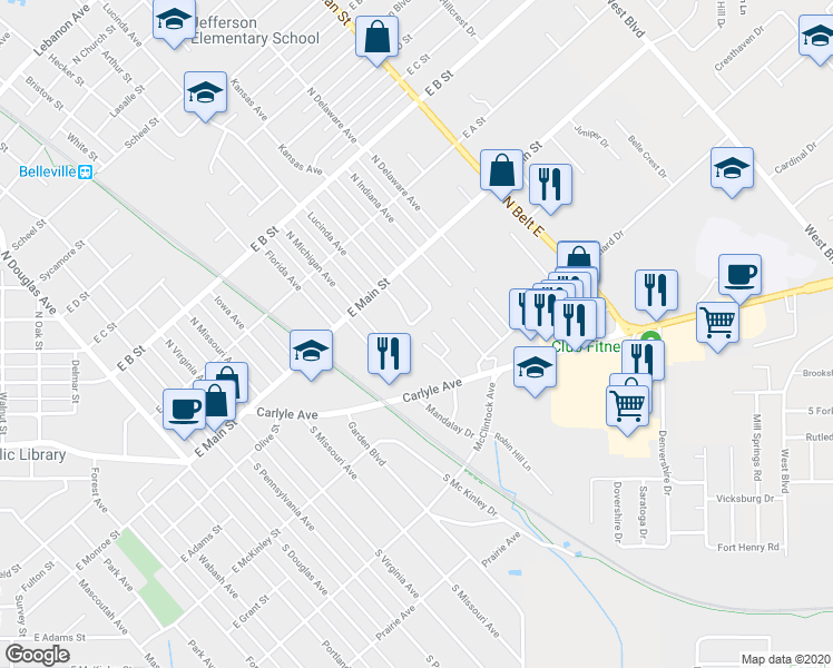 map of restaurants, bars, coffee shops, grocery stores, and more near 25 Beth Ann Drive in Belleville