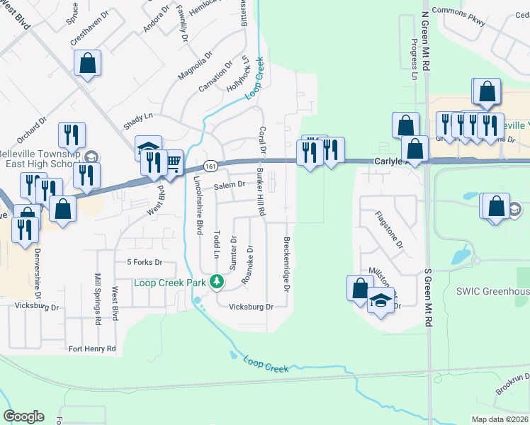 map of restaurants, bars, coffee shops, grocery stores, and more near 212 Bunker Hill Road in Belleville