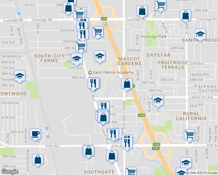 map of restaurants, bars, coffee shops, grocery stores, and more near 6012 37th Street in Sacramento