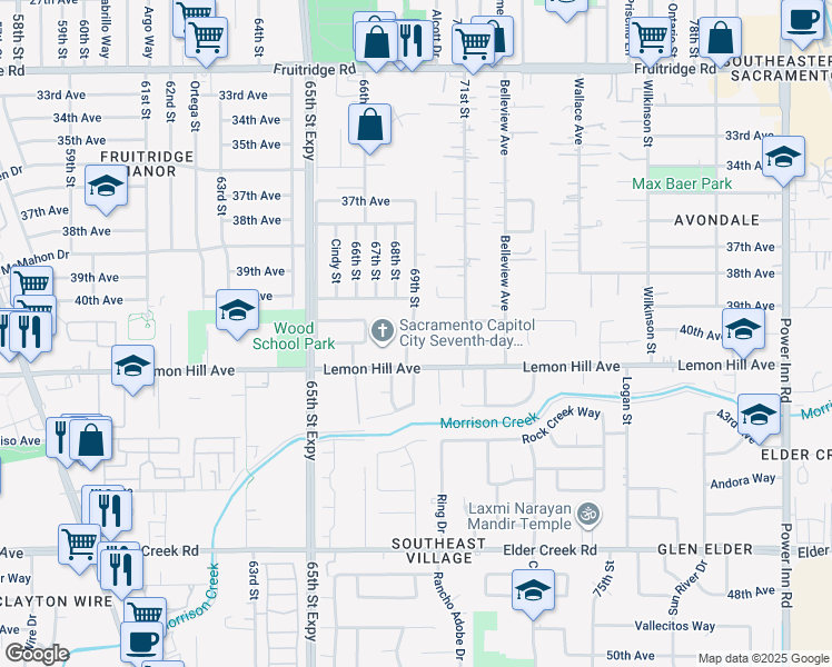 map of restaurants, bars, coffee shops, grocery stores, and more near 6021 69th St in Sacramento